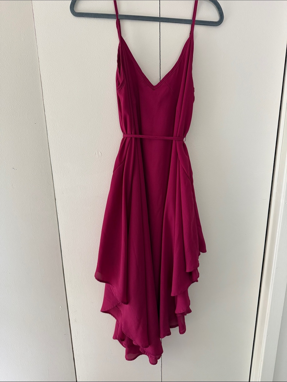 V-Neck Raspberry Fuchsia Asymmetric Midi Salsa Dress